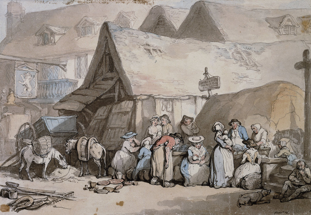 Detail of Honiton, Devon: Shoes and Hats for Sale Outside The Lion Inn by Thomas Rowlandson