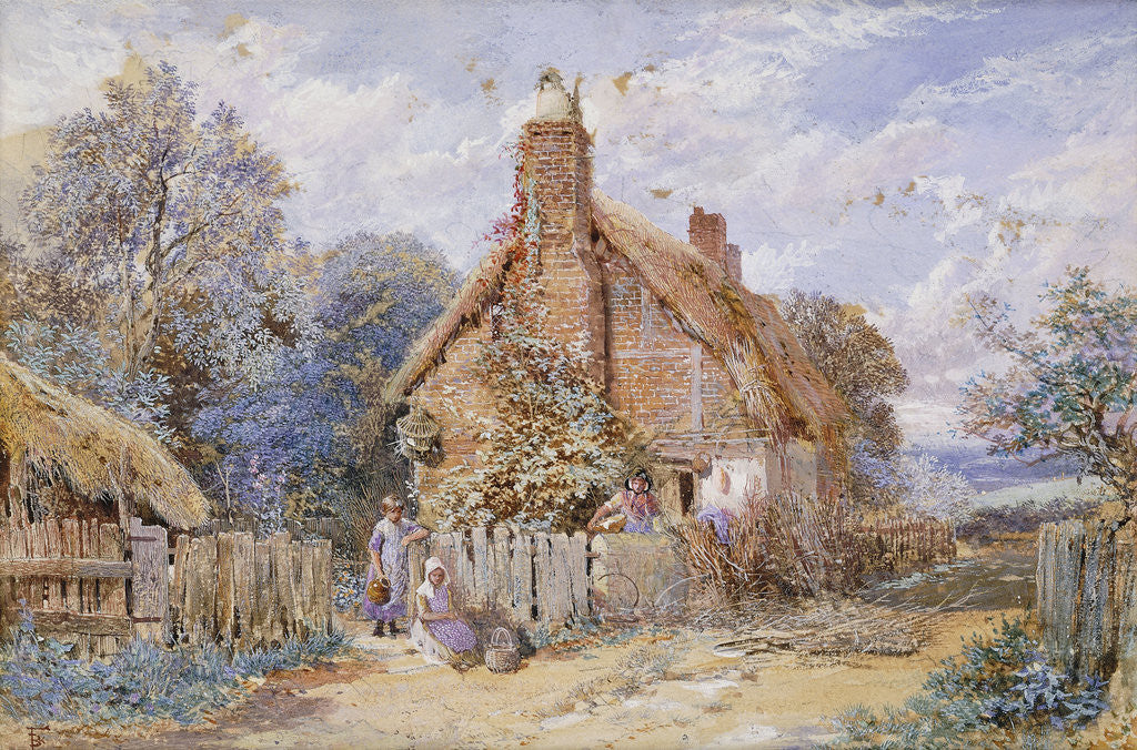 Detail of Children by a Thatched Cottage at Chiddingfold by Myles Birket Foster