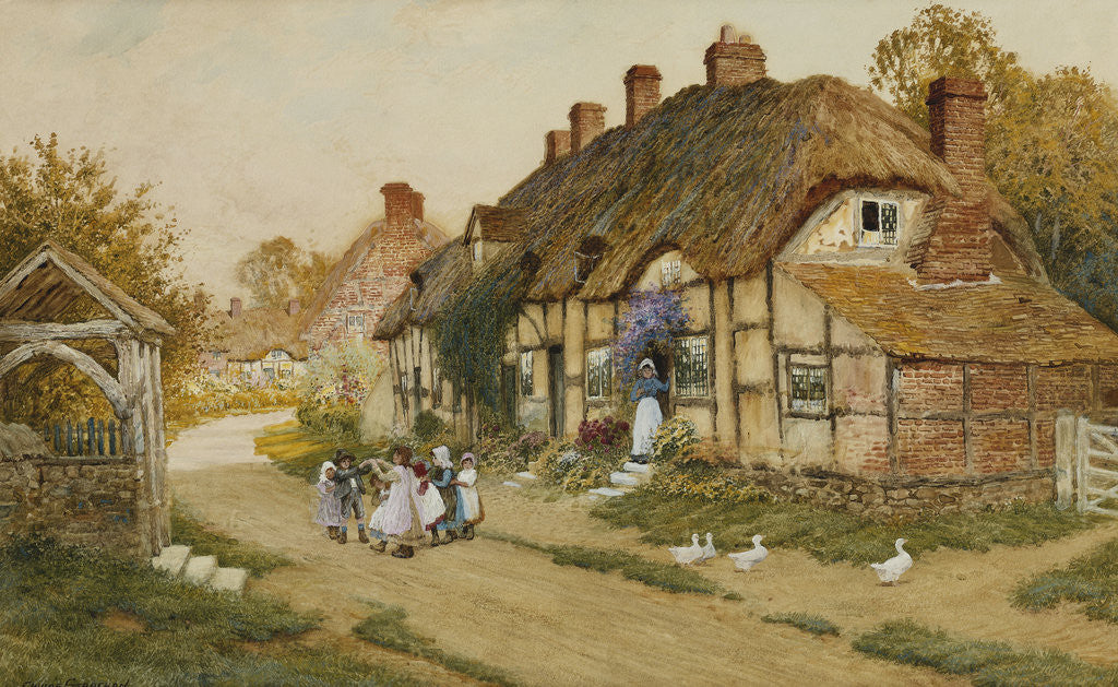 Detail of Children Playing Outside a Cottage in a Village by Arthur Claude Strachan
