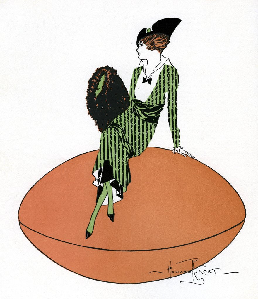 Detail of Vintage Illustration of Flapper Sitting on Giant Football by Anonymous