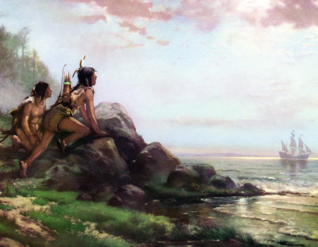 Detail of Native Americans Witness the 1609 Discovery of New York's Hudson River by Henry Hudson.