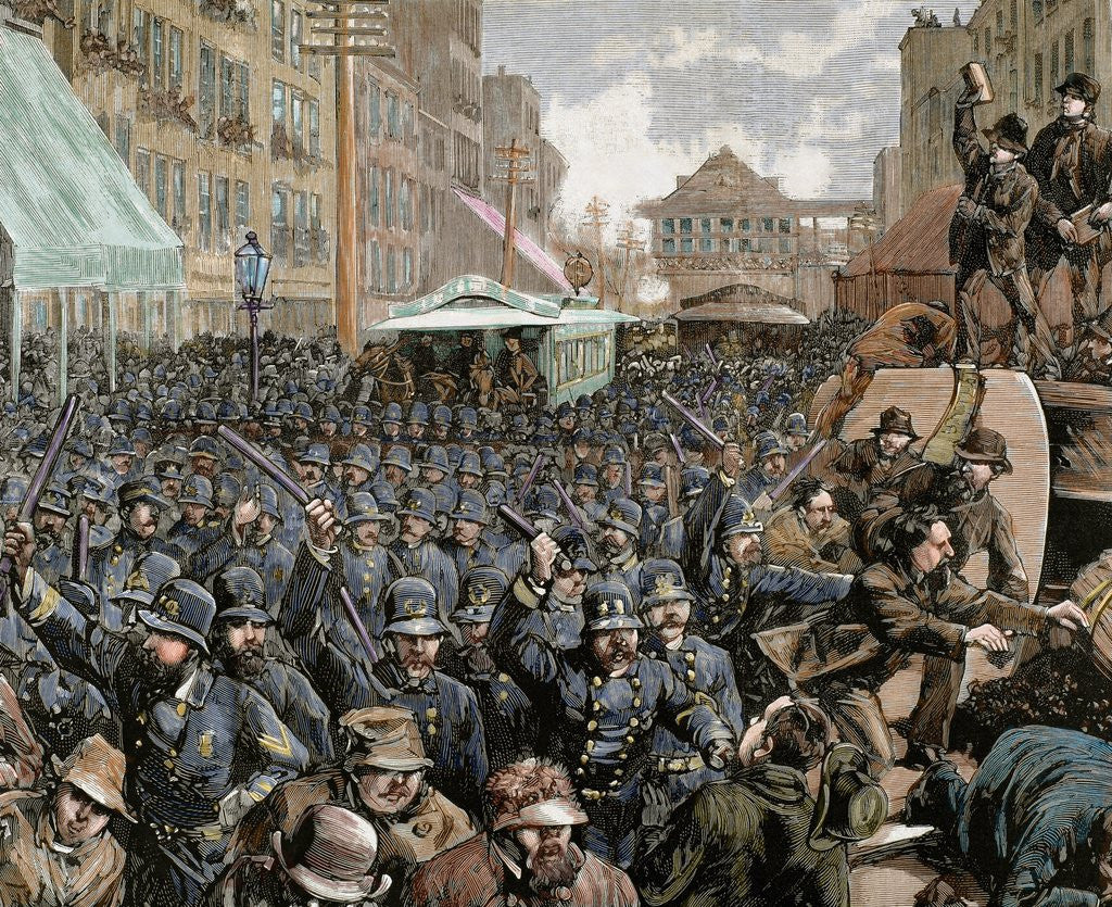 Detail of Police officers dispersing the strike of employees of Streetcar in New York, 1886 by Anonymous