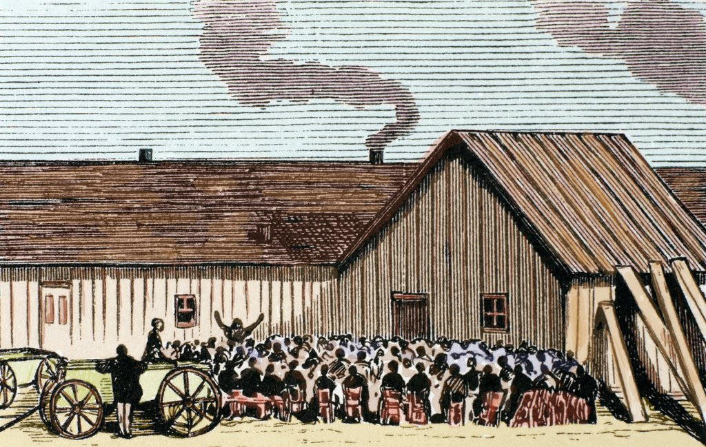 Detail of Mennonite religious service outside the hut by Anonymous