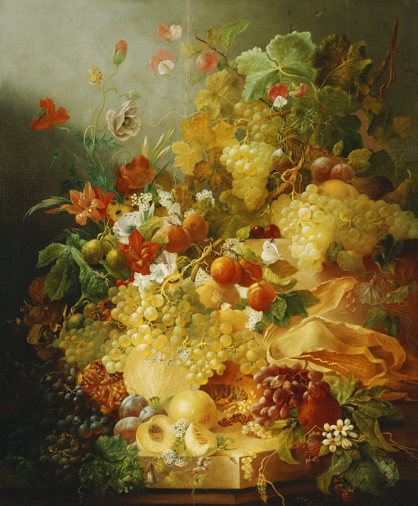 Detail of Peaches, Melons and Grapes with Sweet Peas and Poppies on a Stone Ledge by Jan van der Waarden