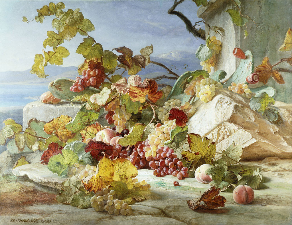 Detail of Peaches and Grapes in a Rocky Landscape by Theude Gronland