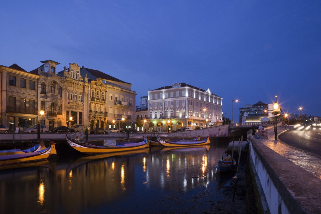 Detail of Moliceiro boats docked by Art Nouveau style buildings along the Central Canal by Anonymous