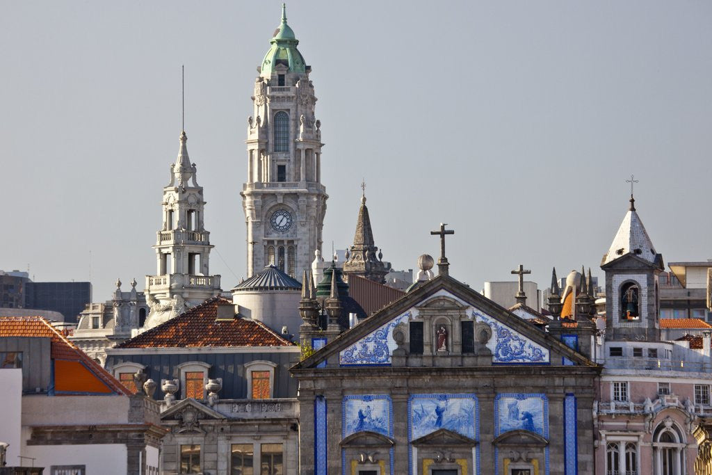 Detail of The church of St. Anthony of Congregados with blue and white azulejos tiles on the wall. The clock by Anonymous