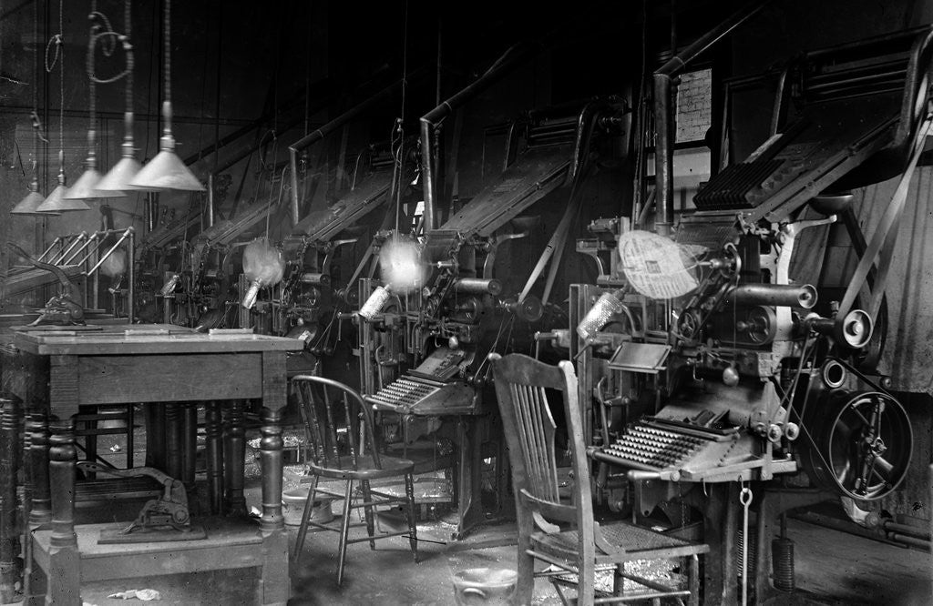 Detail of Typesetting operation in an industrial environment, ca. 1900 by Anonymous
