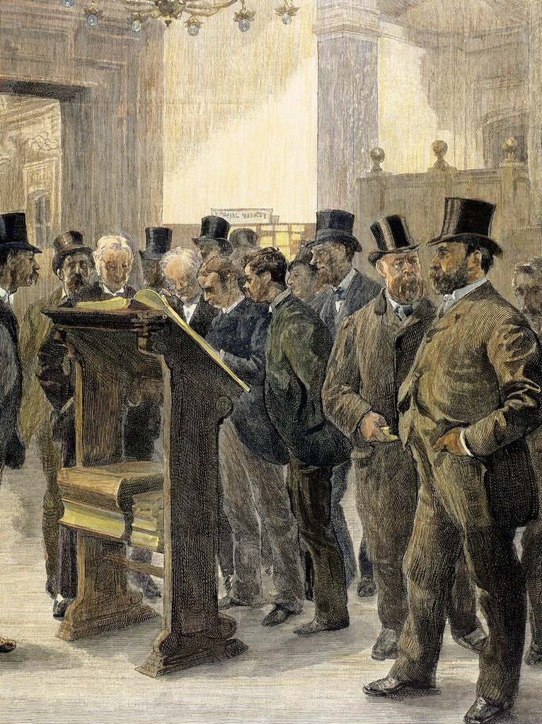 Detail of London Stock Exchange. Shipowners and merchants consulting the Lloyd's Loss Book by Anonymous