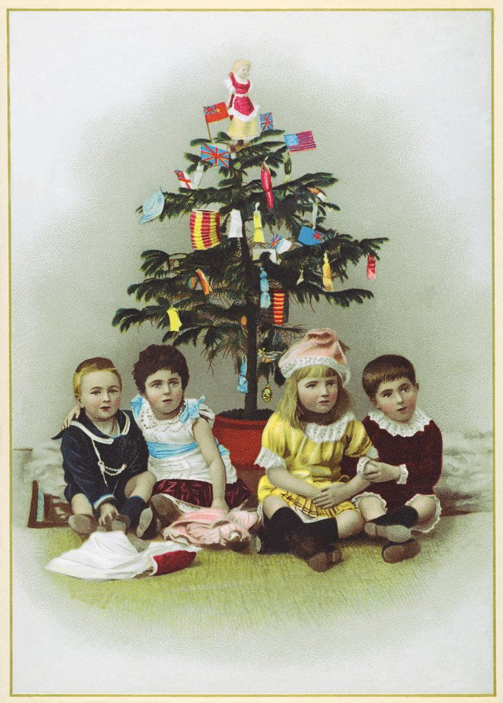 Detail of Four children sitting in front of Christmas Tree by Anonymous