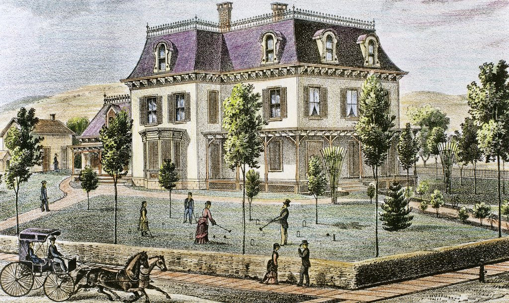 Detail of Residential home with the family playing cricket by Anonymous