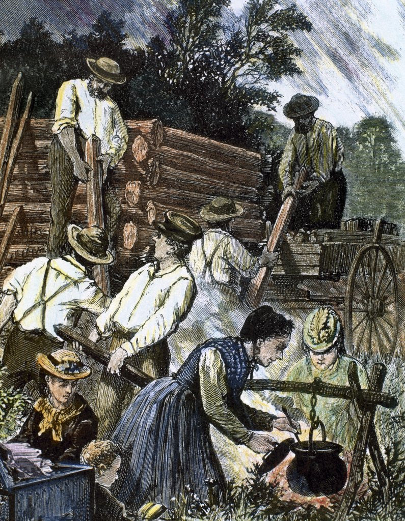 Detail of USA. Settlers building their homes in the West (1874) by Anonymous