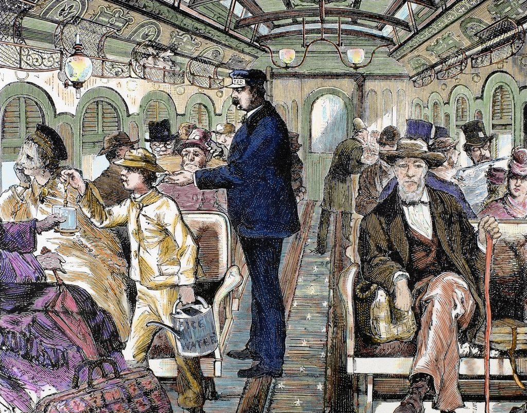 Detail of Old railroad car. Inside view with passengers. United States by Anonymous