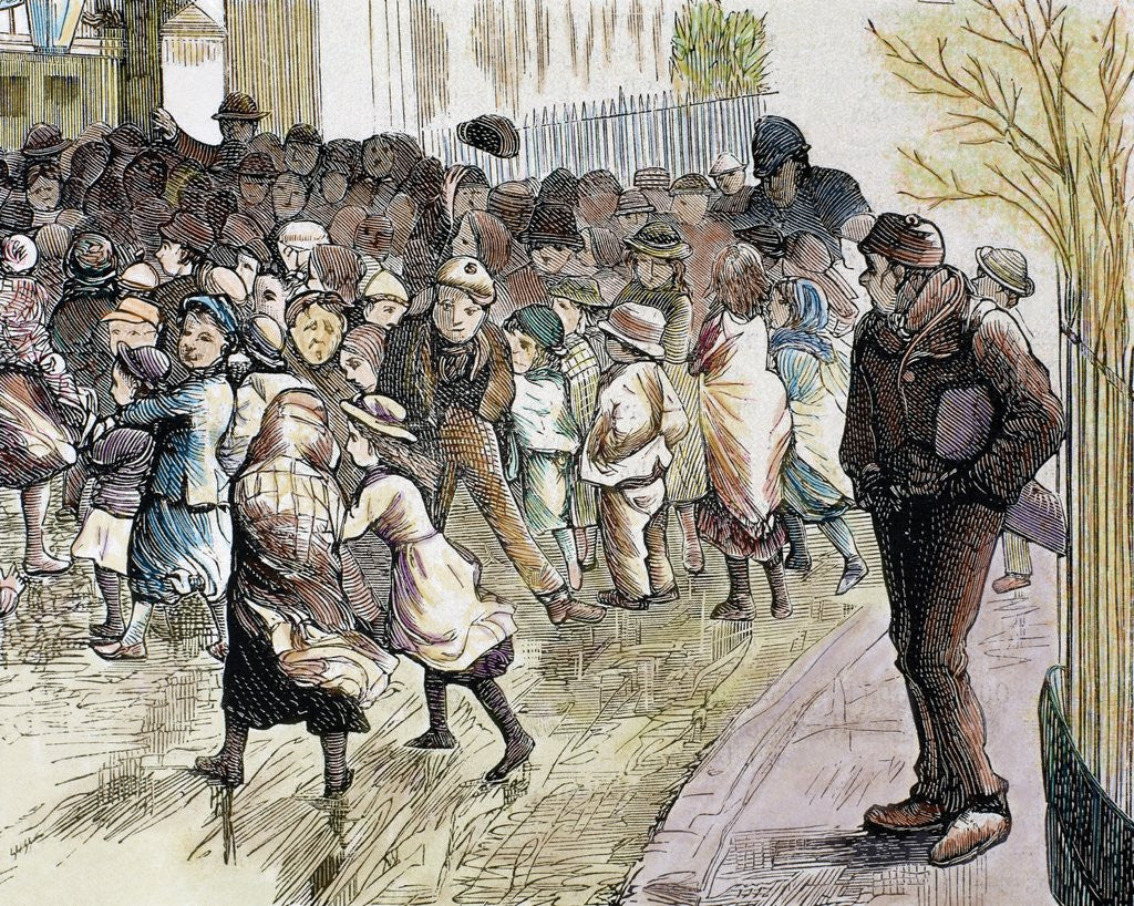 Detail of Poverty in Sheffield. Needy kids going to the distribution of food in Vestryhall. Colored engraving by Anonymous