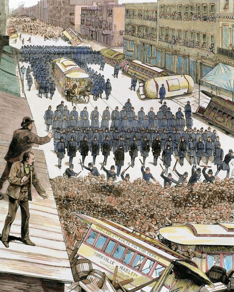 Detail of Police officers dispersing the strike of employees of Streetcar in New York, March 4, 1886. Colored by Anonymous