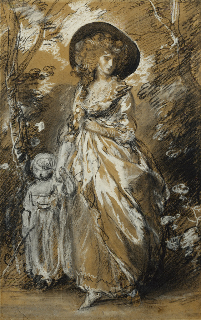 Detail of A Lady Walking in a Garden, standing full length and Holding her Small Child by the Hand by Thomas Gainsborough