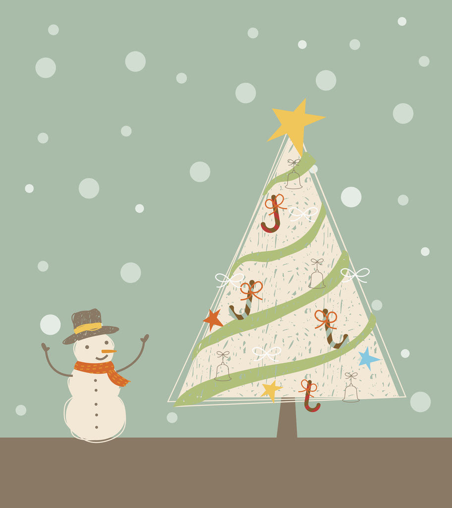 Detail of A snowman next to a Christmas tree by Corbis