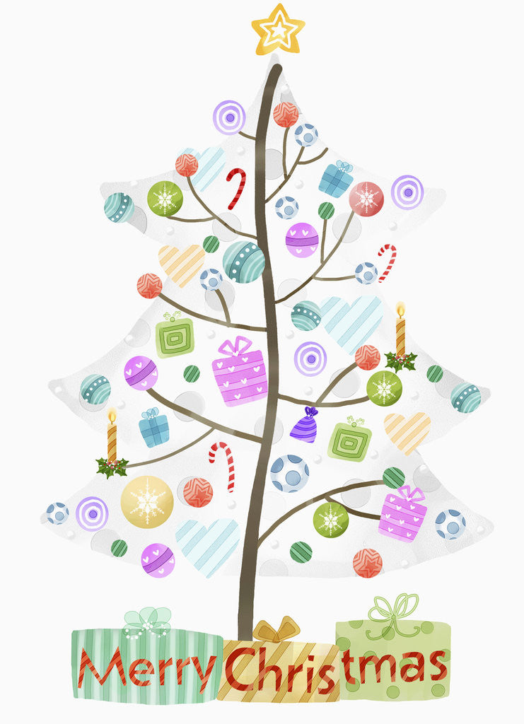 Detail of Illustration of Christmas tree and merry Christmas sign by Corbis