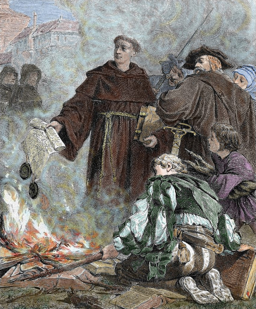 Detail of Martin Luther (1483-1546) burning the papal bull 
