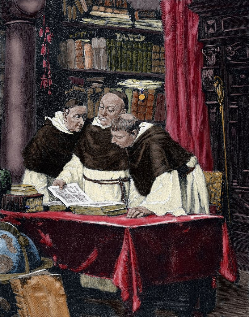 Detail of Monks reading a copy of the Gutenberg Bible by Corbis