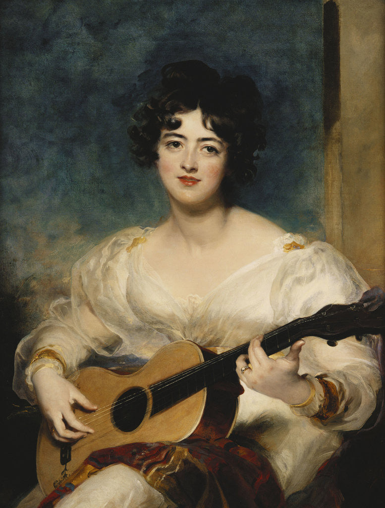 Detail of Portrait of Lady Wallscourt, Seated half length, Wearing a White Dress, and a Striped Scarf Across Her Knees, Playing a Guitar by Sir Thomas Lawrence