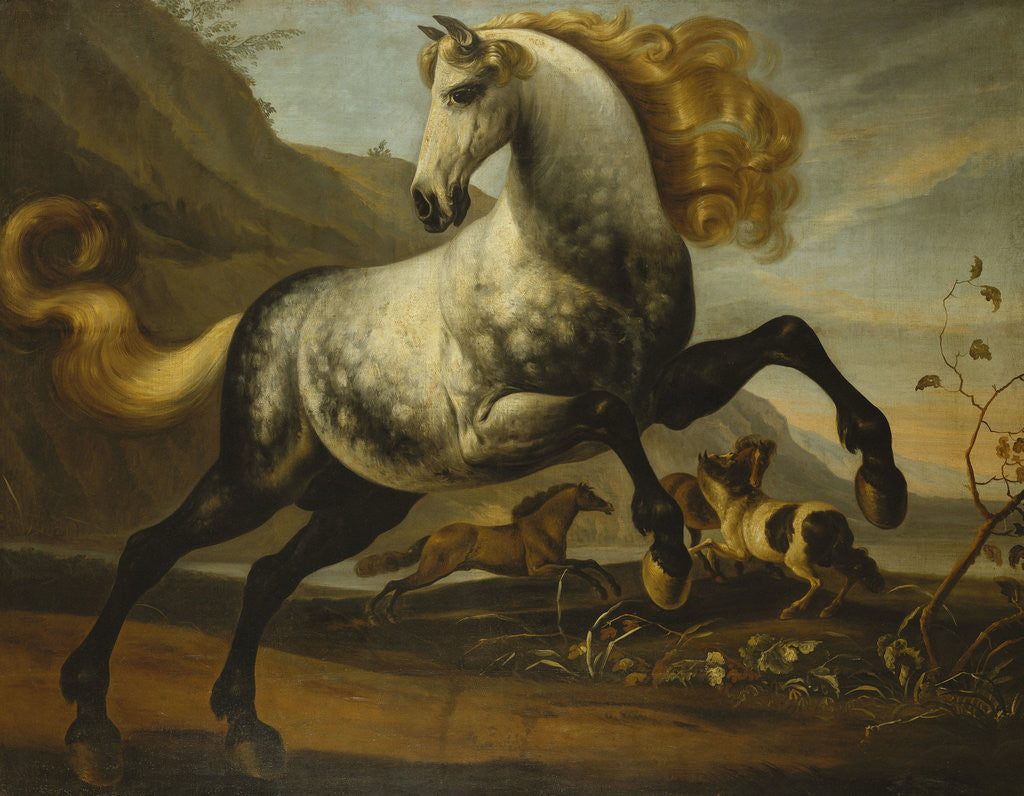 Detail of A Grey Prancing Stallion with Flowing Mane with Stallions Fighting in a Rocky Landscape by Anonymous
