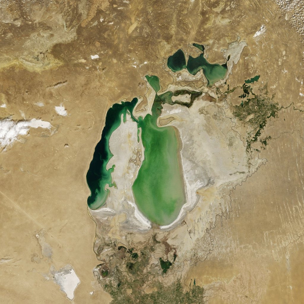 Detail of Satellite view of the Aral Sea in 2002, with the 1960 shoreline super-imposed by Anonymous