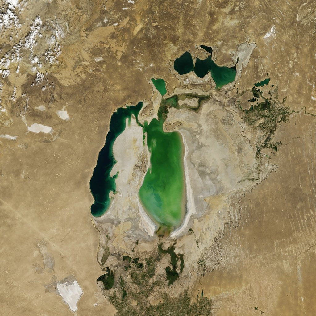 Detail of Satellite view of the Aral Sea in 2004, with the 1960 shoreline super-imposed by Corbis
