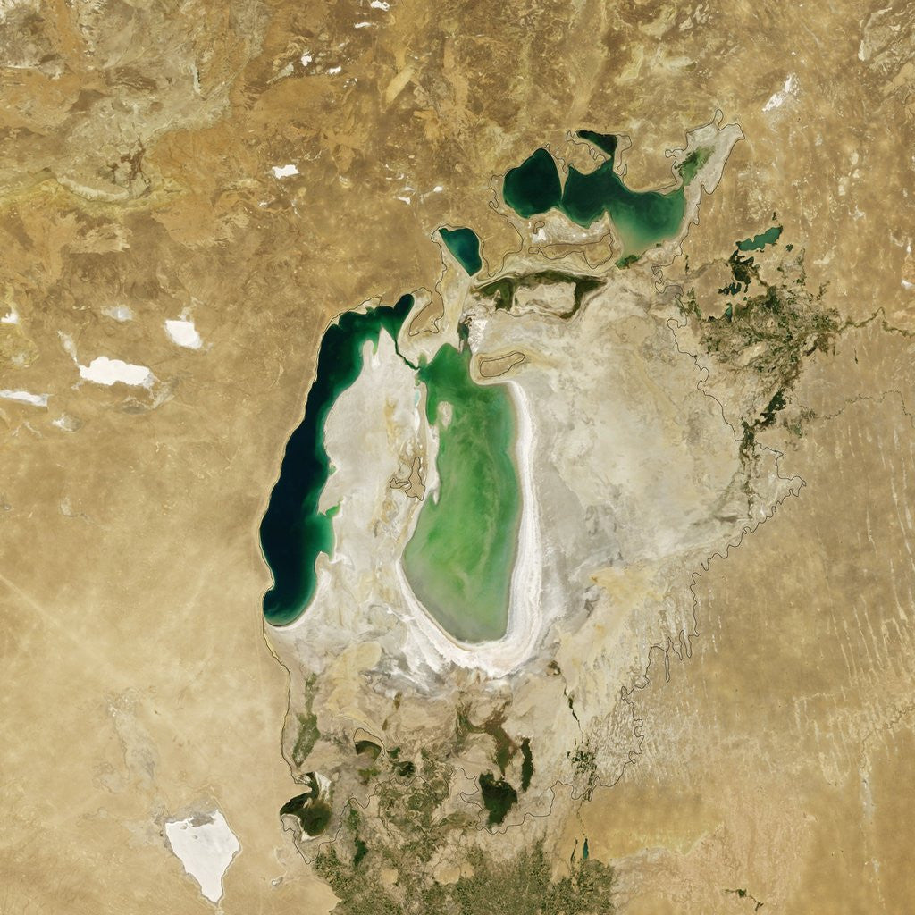 Satellite view of the Aral Sea in 2006, with the 1960 shoreline super-imposed by Corbis