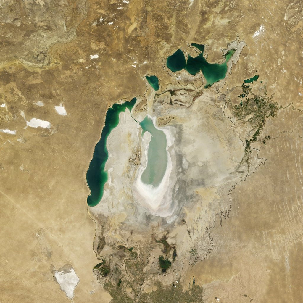 Detail of Satellite view of the Aral Sea in 2008, with the 1960 shoreline super-imposed by Anonymous