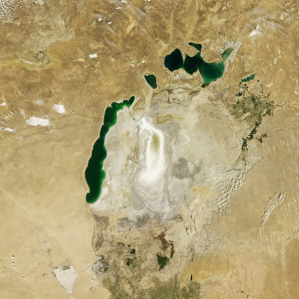 Detail of Satellite view of the Aral Sea in 2009 with the 1960 shoreline super-imposed by Corbis