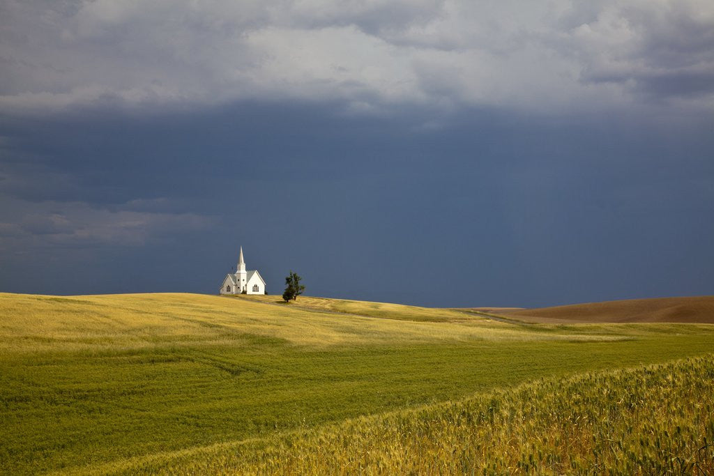 Detail of Rocklyn Community Church With Wheat fields and storm coming by Anonymous