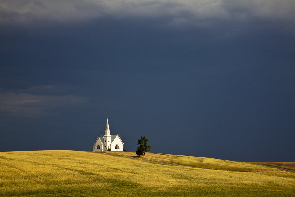 Detail of Rocklyn Community Church With Wheat fields and storm coming by Anonymous