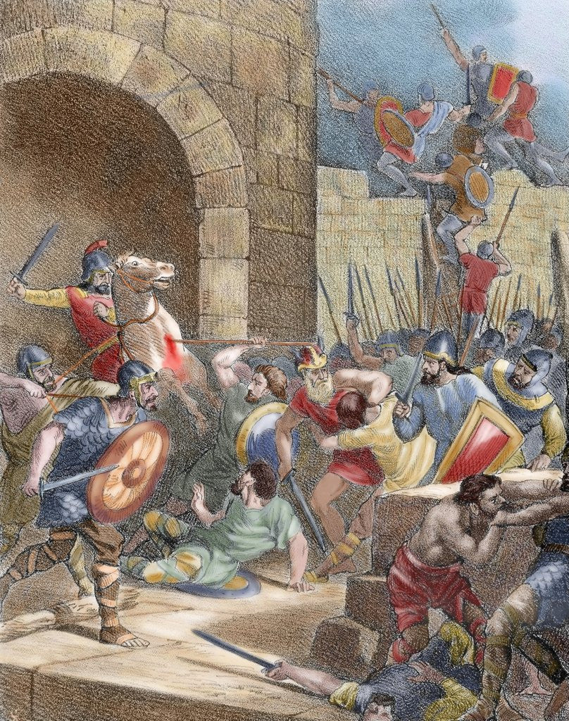 Detail of King Wamba (d.687) at the siege of Nimes (673). Colored engraving by Anonymous