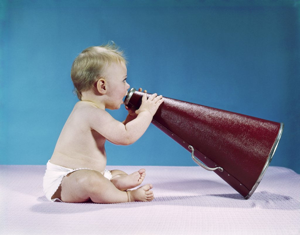 Detail of 1960s Profile Of Seated Baby Shouting Yelling Speaking Into Big Megaphone by Anonymous