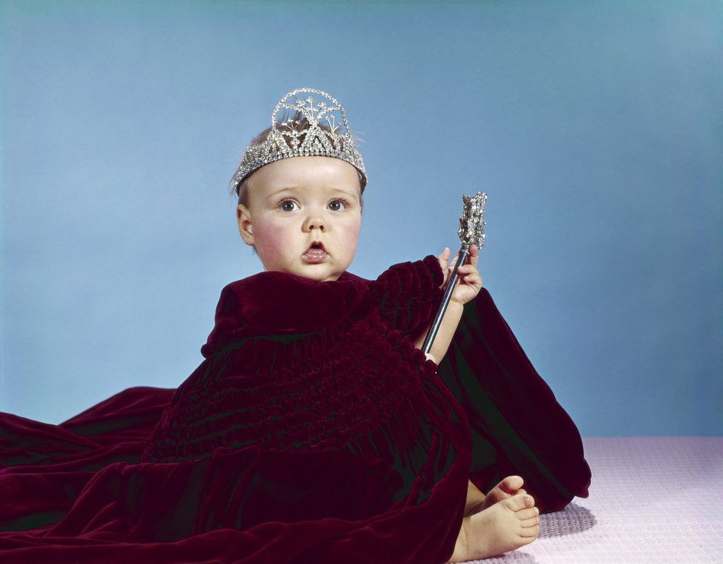 Detail of 1960s Baby Dressed As Royal Queen Velvet Robe Cloak Cape Rhinestone Tiara Crown And Scepter Wand by Anonymous