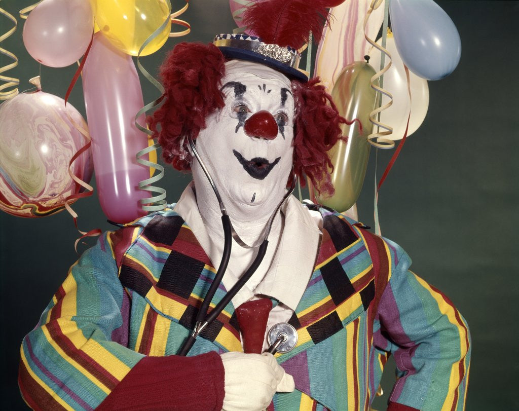 Detail of 1960s Fat Overweight Clown Listening To His Heart With A Medical Stethoscope Health by Corbis