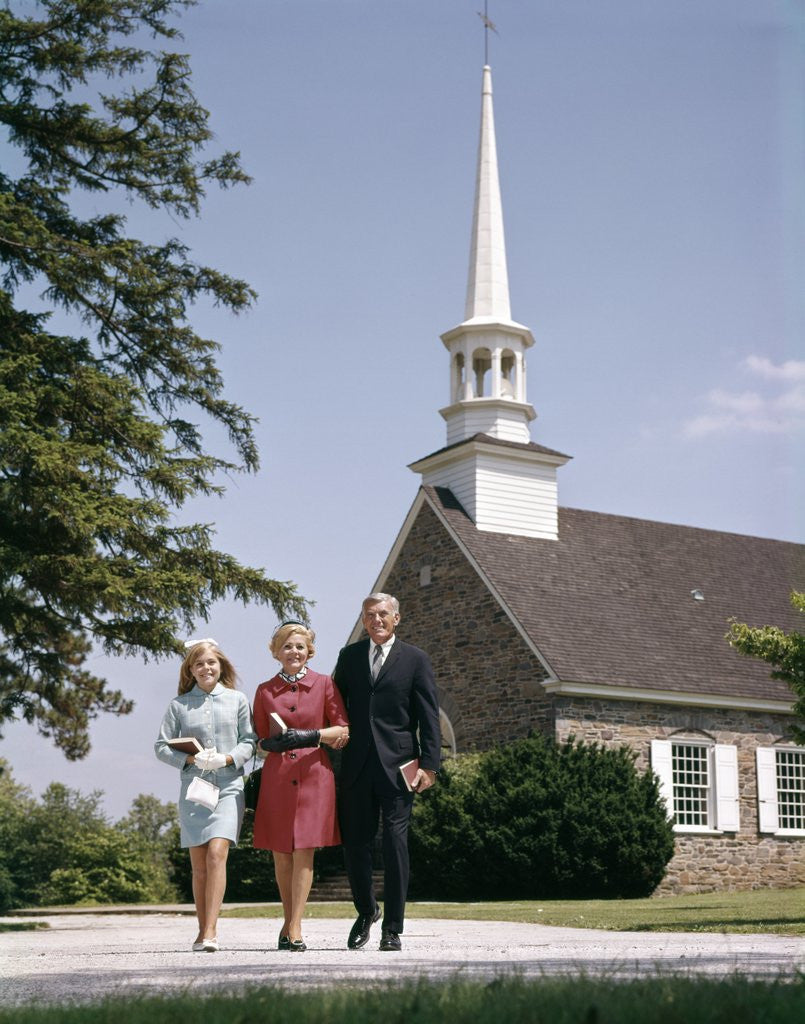 Detail of 1960s Smiling Family Leaving Church Each Carrying Bible by Anonymous