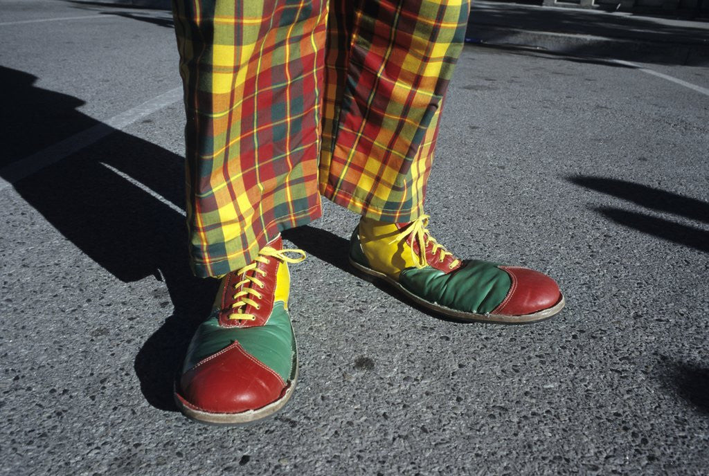 Detail of 2000s Legs Of Colorful Circus Clown Oversize Shoes And Plaid Pants by Anonymous