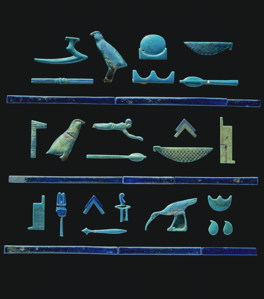 Detail of A selection of Egyptian hieroglyphs in turquoise glazes with details in dark blue by Anonymous