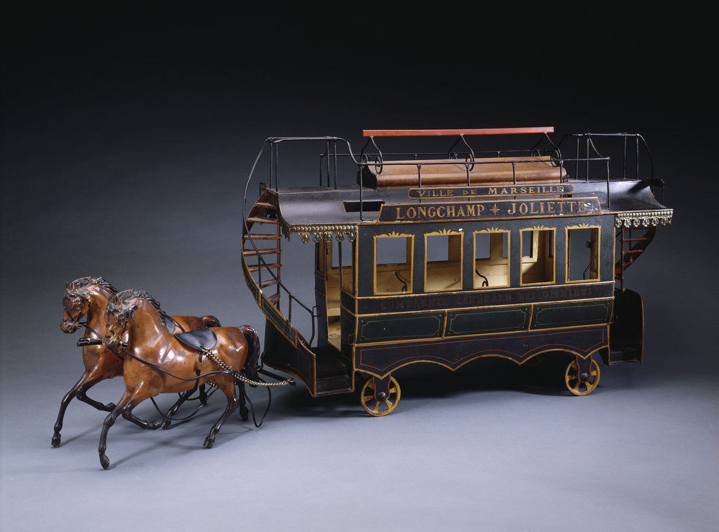 Detail of A magnificent early French hand painted tinplate horse drawn open double decker tram, with destination boards by Anonymous