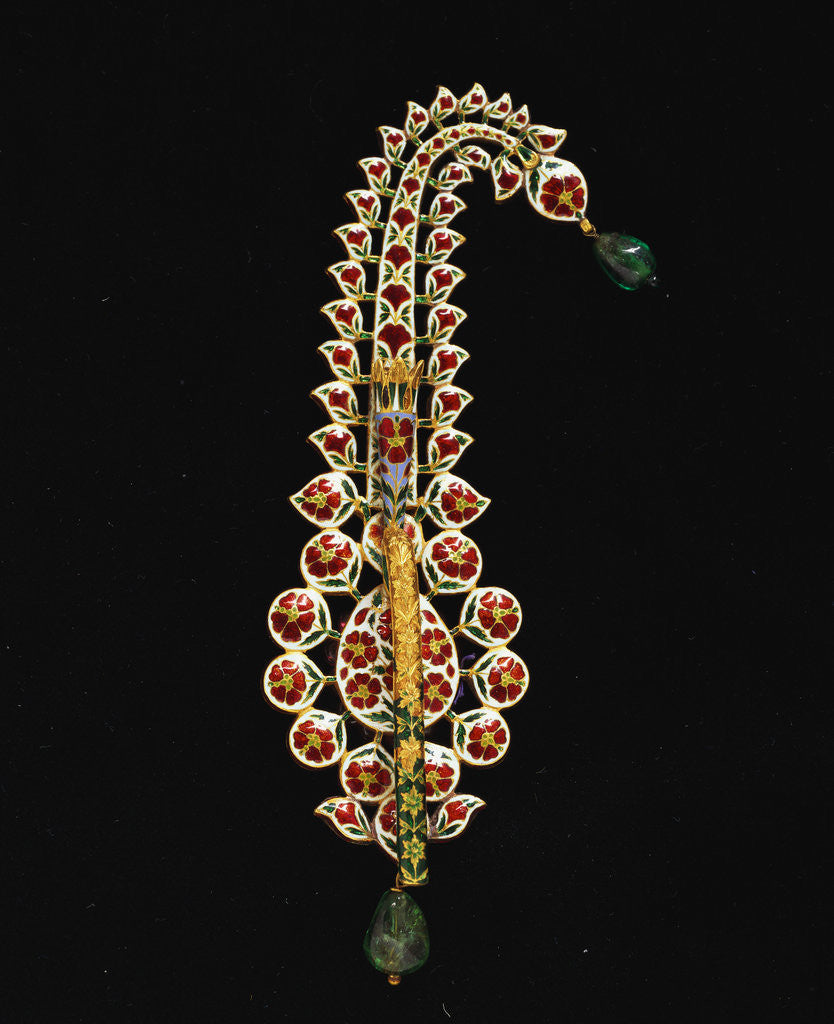 Detail of An antique Indian diamond, ruby, emerald and enamel jigha by Anonymous