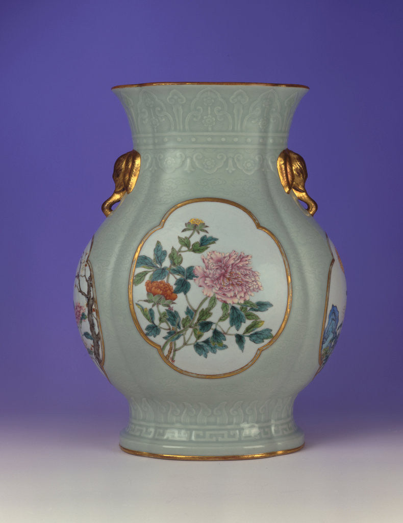 Detail of A fine and very rare famille rose celadon-ground vase with a gilt outlined enamel of prunus and roses, one of four enamels depicting the 'Flowers of the Four Seasons' by Anonymous