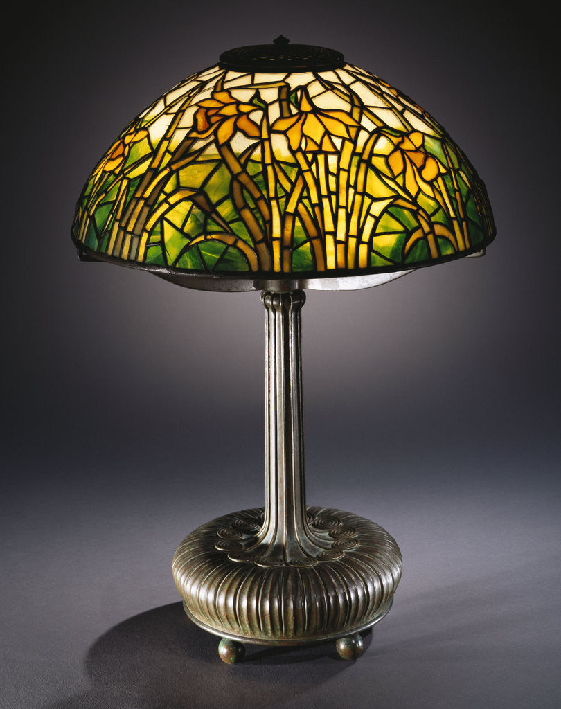 Detail of Tiffany Studios 'Daffodil' leaded glass and bronze table lamp by Anonymous