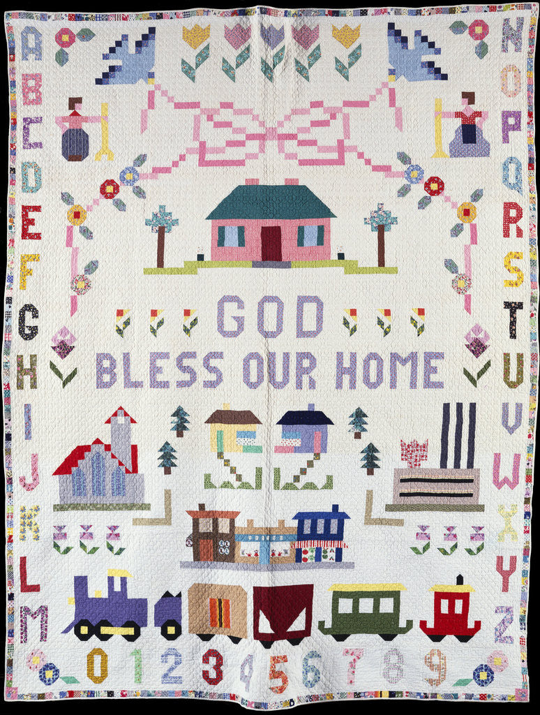 Detail of A pieced and appliqued pictorial cotton quilted coverlet depicting Clifton, Ohio by Corbis