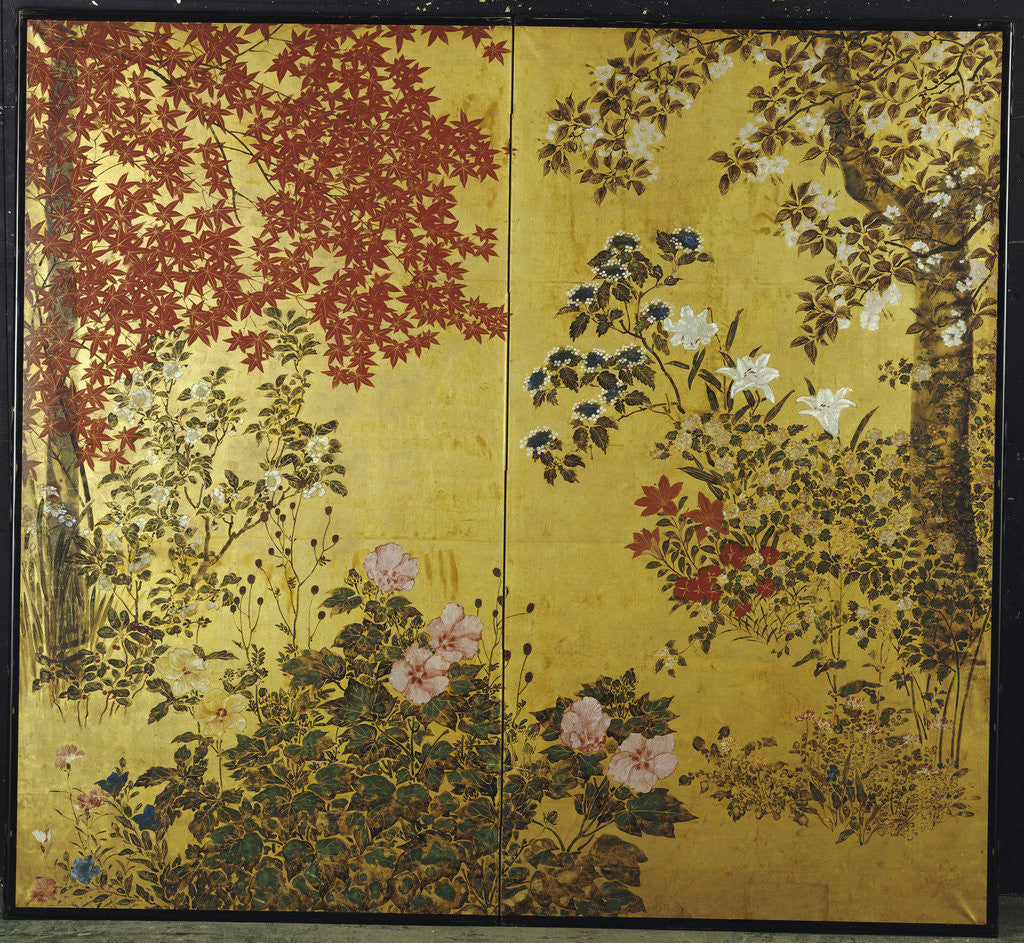Detail of A two leaf Japanese screen on gold paper with maple branches, camellias, hydrangeas, cherry flowers, lilies and other flowers by Anonymous
