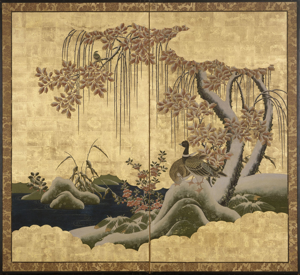 Detail of Ducks, one of a pair of two-panel screens by Anonymous