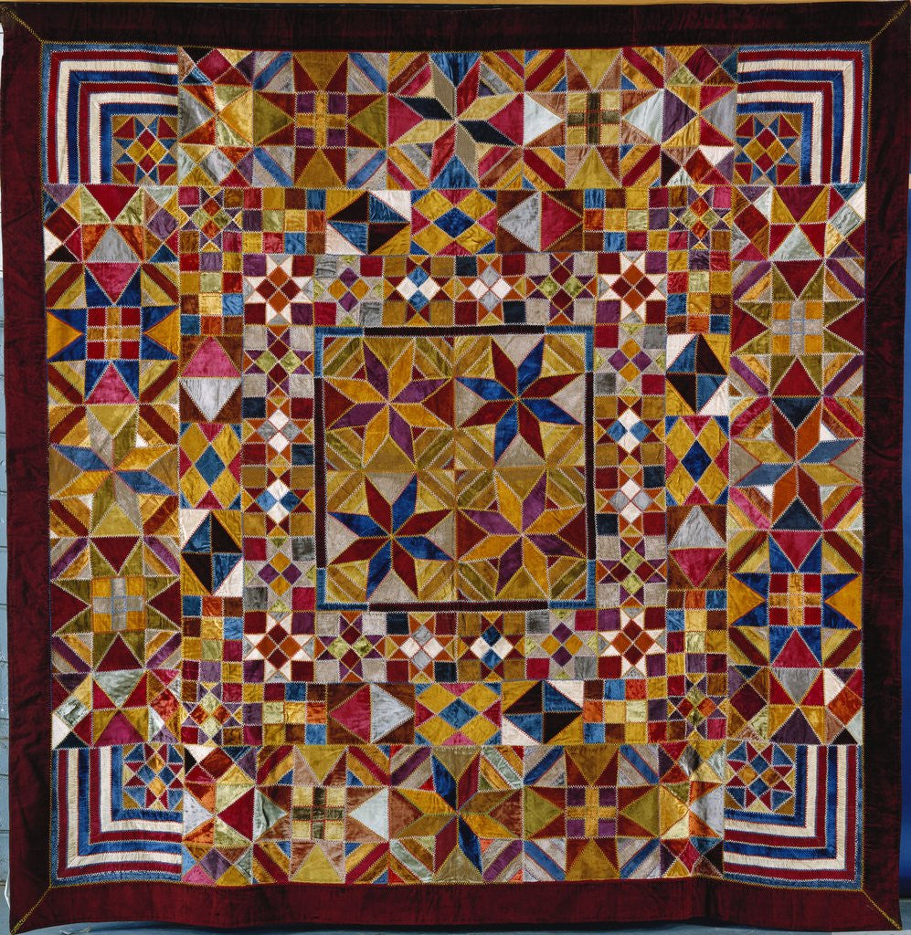 Detail of A crazy quilt pattern coverlet by Anonymous