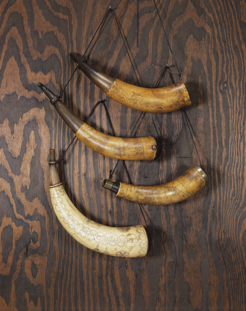 Detail of A collection of engraved powder horns by Anonymous