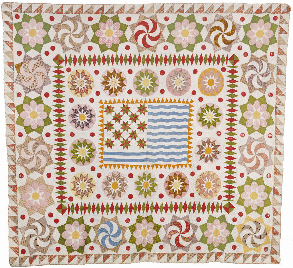 Detail of American pieced and appliqued cotton quilted coverlet by Anonymous